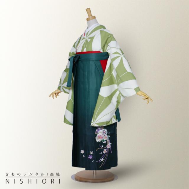 二尺袖 着物 袴 レンタル 貸衣装 袴 S Mサイズ 小学生 対応 緑 白 刺繍 ブーツ選択可