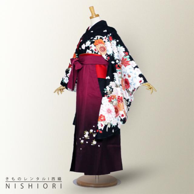二尺袖 着物 袴 レンタル From KYOTO 貸衣装 Sサイズ Mサイズ Lサイズ 小学生 対応可 黒 牡丹 ワイン ブーツ選択可