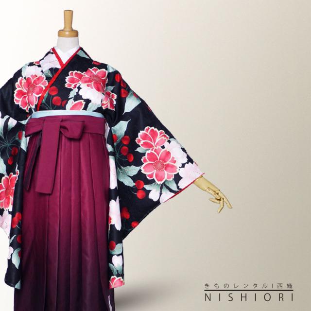 二尺袖着物 袴 レンタル商品 送料無料 貸衣装 H L ワイン 紫 刺繍 ジュニア