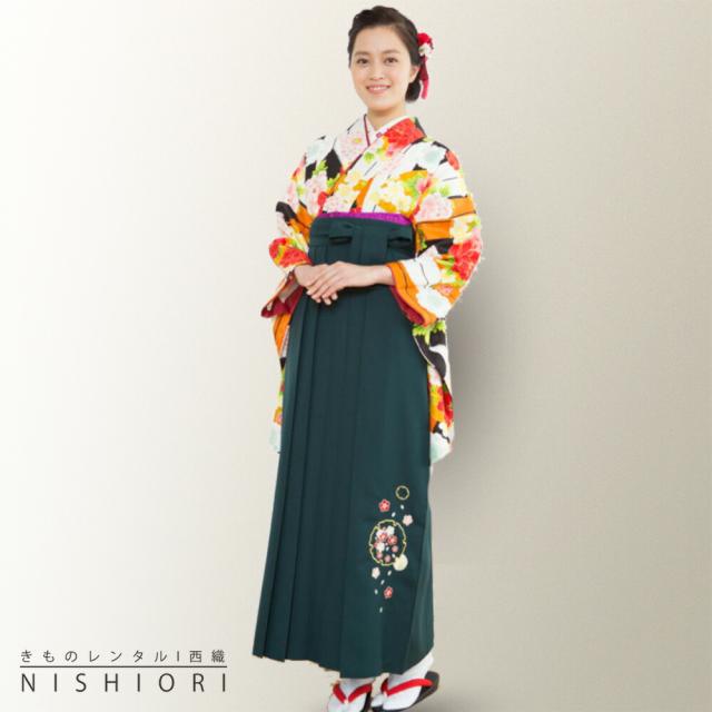 夢千代 二尺袖 着物 袴 レンタル 貸衣装 Mサイズ 小学生 対応可 緑 オレンジ 矢羽 刺繍 ブーツ選択可