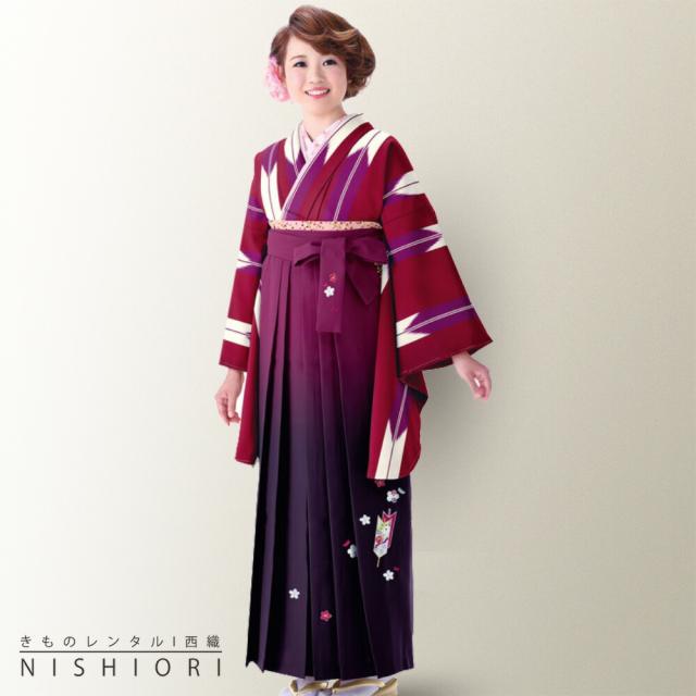 二尺袖着物 刺繍袴 レンタル 貸衣装 Mサイズ 小学生 対応可 赤 紫 大矢絣 ブーツ選択可