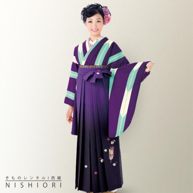 二尺袖着物 刺繍袴 レンタル 貸衣装 Mサイズ 小学生 対応可 紫 緑 大矢絣 ブーツ選択可
