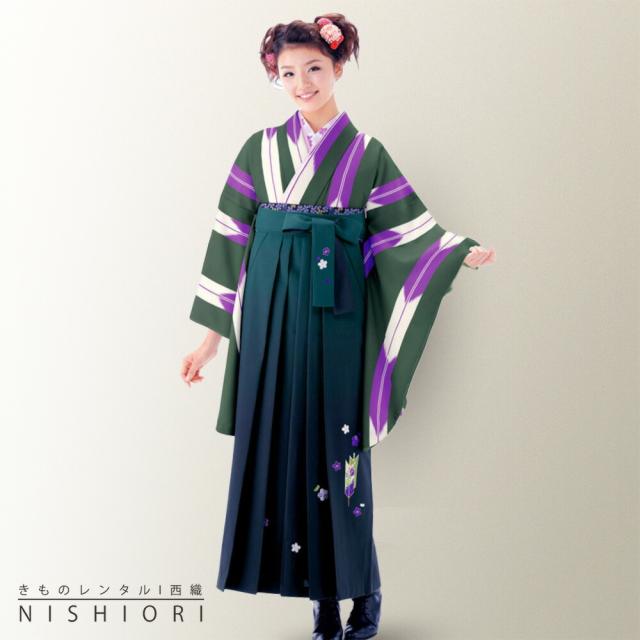 二尺袖着物 刺繍袴 レンタル 貸衣装 Mサイズ 小学生 対応可 紫 緑 大矢絣 ブーツ選択可