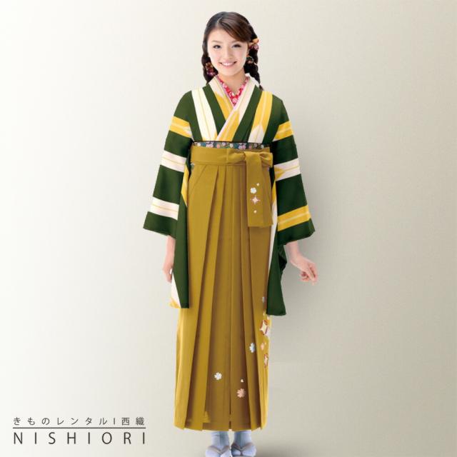 二尺袖着物 刺繍袴 レンタル 貸衣装 Mサイズ 小学生 対応可 緑 黄 大矢絣 ブーツ選択可