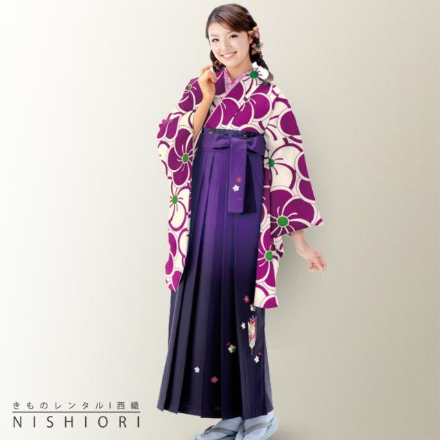 二尺袖着物 刺繍袴 レンタル 貸衣装 Mサイズ 小学生 対応可 紫 ねじり梅 ブーツ選択可