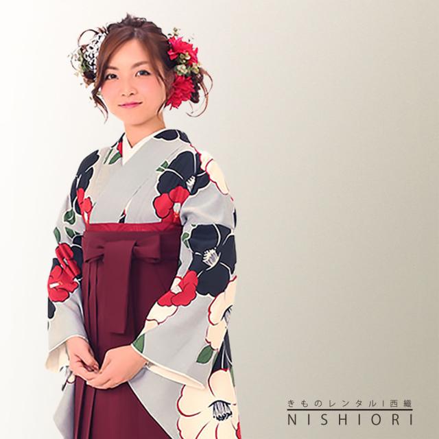 二尺袖 着物 袴 レンタル 貸衣装 Mサイズ 小学生 対応可 灰色 椿