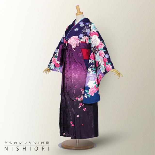 二尺袖 着物 袴 レンタル 貸衣装 LLサイズ 紫 パープル 刺繍 ブーツ選択可