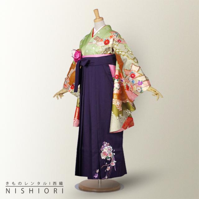 二尺袖 着物 袴 レンタル 貸衣装 LLサイズ 緑 グリーン 紫 パープル 刺繍 ブーツ選択可