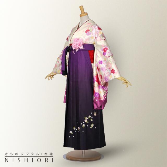 二尺袖 着物 袴 レンタル 貸衣装 LLサイズ 白 ホワイト 紫 パープル 刺繍 ブーツ選択可