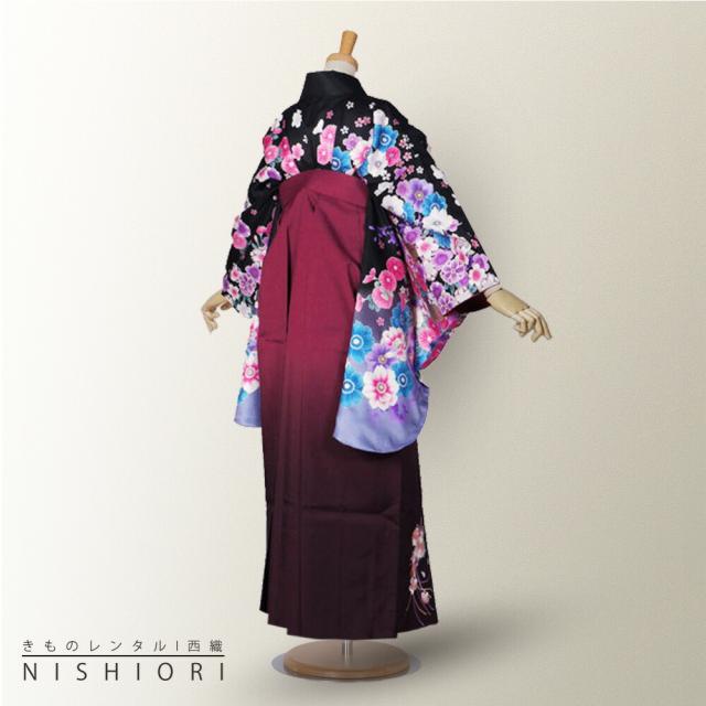 二尺袖 着物 袴 レンタル 貸衣装 LLサイズ 黒 ブラック 赤 ワイン 刺繍