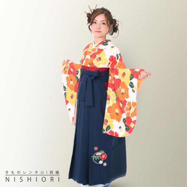 二尺袖 着物 袴 レンタル 貸衣装 Mサイズ 小学生 対応可 クリーム 椿尽くし 紺 ブーツ選択可