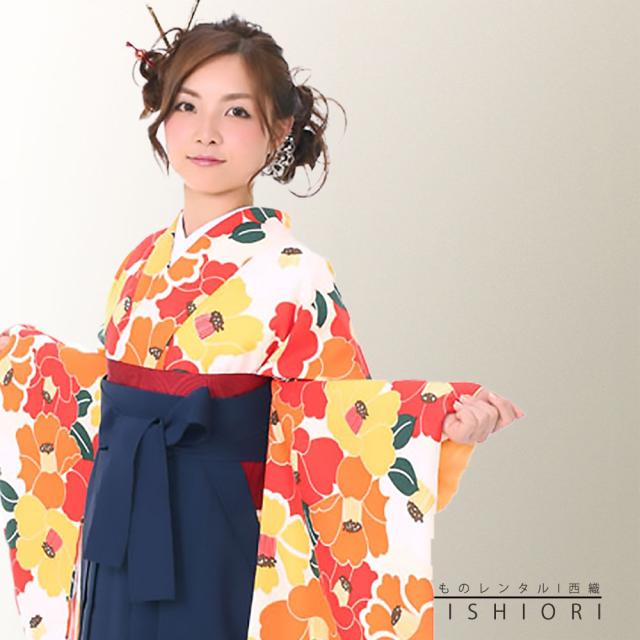 二尺袖 着物 袴 レンタル 貸衣装 Mサイズ 小学生 対応可 クリーム 椿