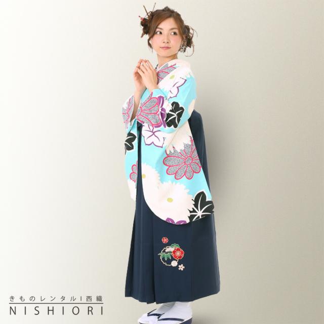 二尺袖 着物 袴 レンタル 貸衣装 Mサイズ 小学生 対応可 水色 菊 ブーツ選択可