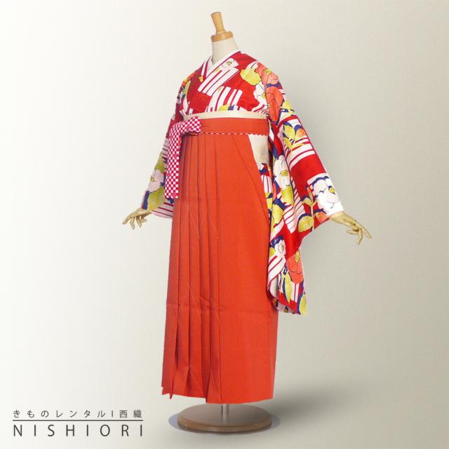 二尺袖 袴 レンタル ひさかたろまん ブランド 着物 貸衣装 SサイズMサイズ 小学生 対応可 赤 椿 縞 オレンジ ブーツ選択可