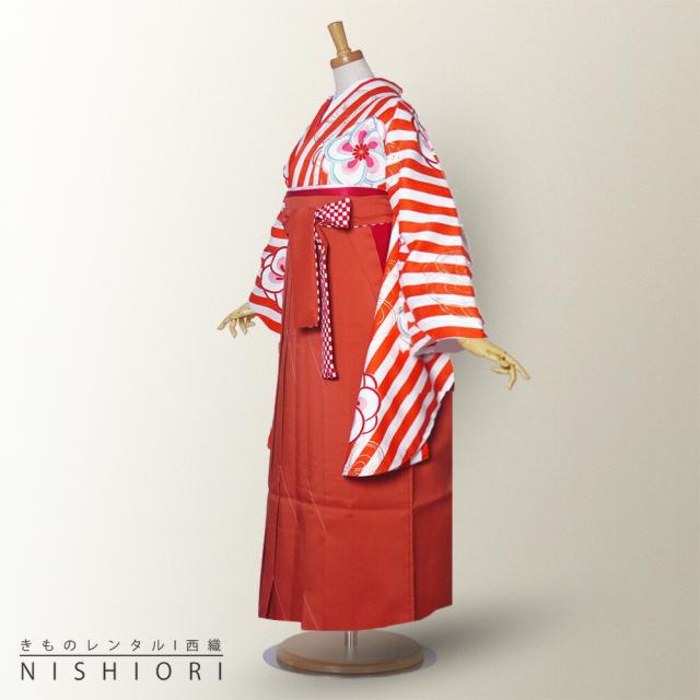 二尺袖 着物 袴 レンタル 貸衣装 SサイズMサイズ 小学生 対応可 橙 オレンジ 縞 梅 ブーツ選択可