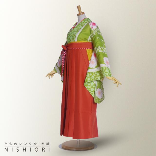 二尺袖 着物 袴 レンタル 貸衣装 Mサイズ 緑 オレンジ 無地 ブーツ選択可