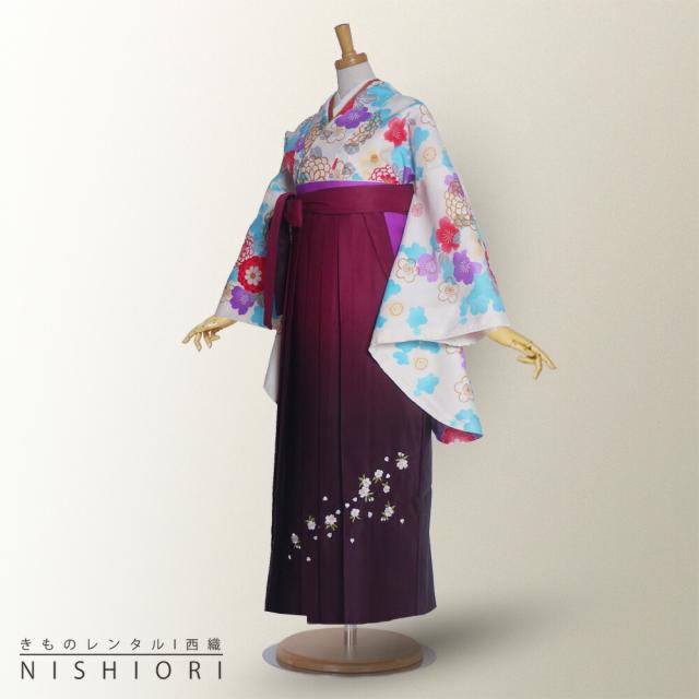 二尺袖 着物 袴 レンタル 貸衣装 Mサイズ 白 ワイン ぼかし 刺繍 ブーツ選択可