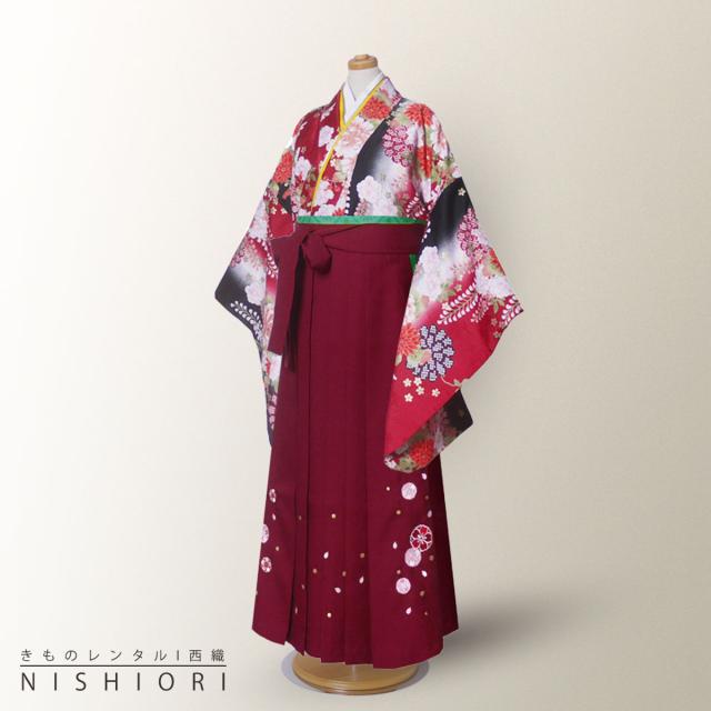 ジュニア キッズ 着物 袴 レンタル 往復十三参り 貸衣装 卒業式 小学生 赤 黒 ワイン ボカシ 刺繍 ブーツ選択可