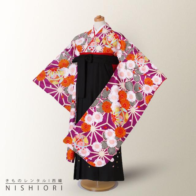 小町kids ジュニア キッズ 着物 袴 レンタル 往復十三参り 貸衣装 卒業式 小学生 ピンク 紫 パープル 黒 紫 KKj-5 ブーツ選択可