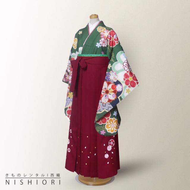 ジュニアサイズ 二尺袖 着物 袴 レンタル 往復貸衣装 卒業式 ジュニア 小学生 対応可 緑 桜 梅 ワイン ブーツ選択可