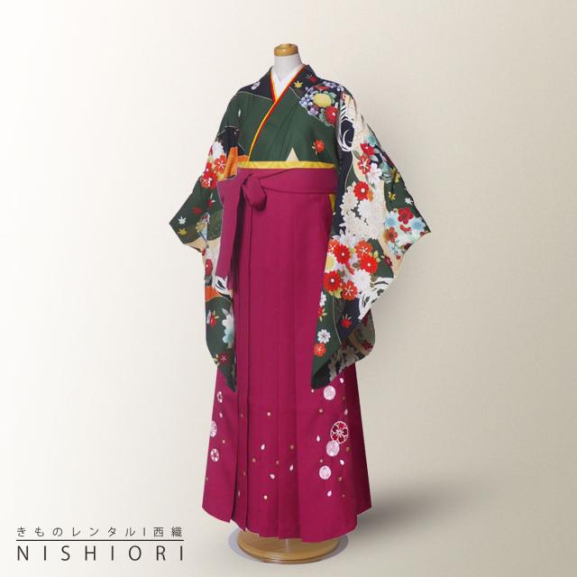 ジュニアサイズ 絵羽柄 二尺袖 着物 袴 レンタル 往復貸衣装 卒業式 ジュニア 小学生 対応可 緑 菊 花輪 ブーツ選択可