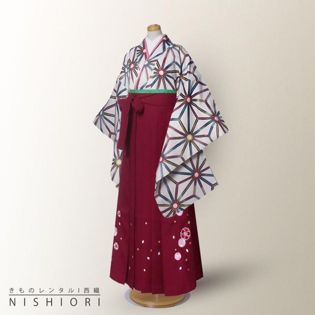 ジュニアサイズ 二尺袖 着物 袴 レンタル 往復貸衣装 卒業式 ジュニア 小学生 対応 白 麻の葉 赤 ブーツ選択可
