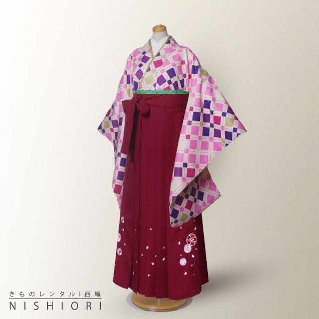 ジュニアサイズ 二尺袖 着物 袴 レンタル 往復貸衣装 卒業式 ジュニア 小学生 対応 市松 ピンク 黒 ブーツ選択可