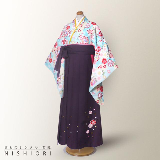 式部浪漫 ジュニアサイズ ブランド二尺袖 着物 袴 レンタル 往復貸衣装 卒業式 ジュニア 小学生 対応 水色 桜 赤 ブーツ選択可