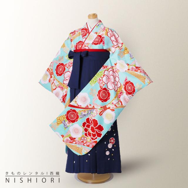 卒業式 二尺袖 ジュニア 着物 レンタル 小町kids 袴 往復十三参り 貸衣装 小学生 水色 牡丹 ブーツ選択可