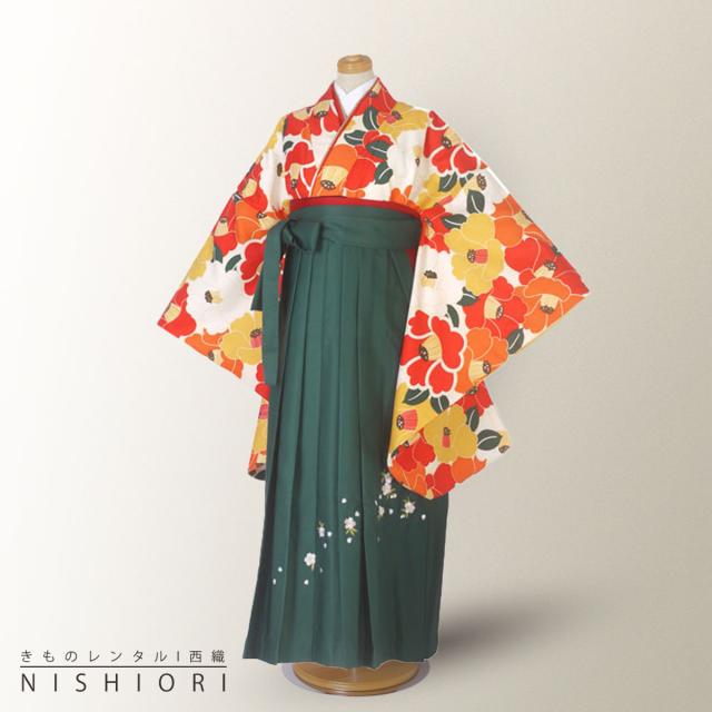 卒業式 二尺袖 ジュニア 着物 レンタル 袴 往復十三参り 貸衣装 小学生 白 椿 緑 刺繍 無地 ブーツ選択可