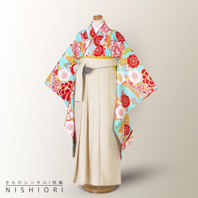 卒業式 二尺袖 ジュニア 着物 レンタル 袴 往復十三参り 貸衣装 小学生 水色 クリーム 刺繍 無地 ブーツ選択可