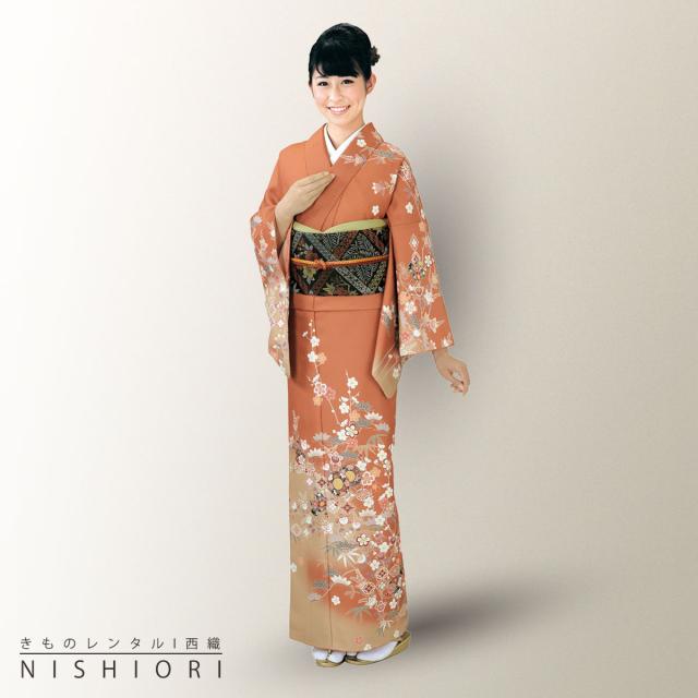 訪問着 レンタル 着物 貸衣装 フルセット HL アッシュエル ブランド 橙 煉瓦No.0029