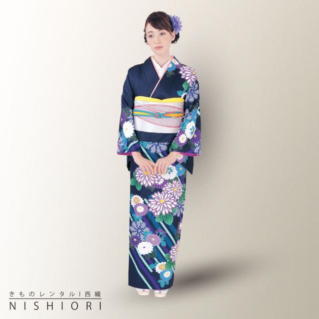 訪問着 レンタル 着物 貸衣装 フルセット HL アッシュエル ブランド 濃紺 菊No.0037