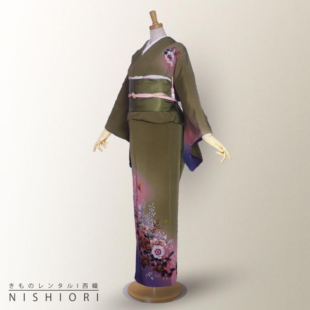 訪問着 レンタル 着物 貸衣装 フルセット 正絹 抹茶 緑 作家柄No.0054