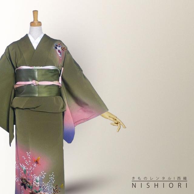 訪問着 レンタル 着物 貸衣装 フルセット 正絹 抹茶 緑 作家柄No.0054