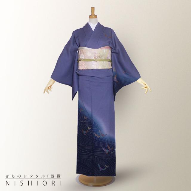 訪問着 レンタル 着物 貸衣装 フルセット 正絹 濃色 紫 鳥 作家柄No.0055
