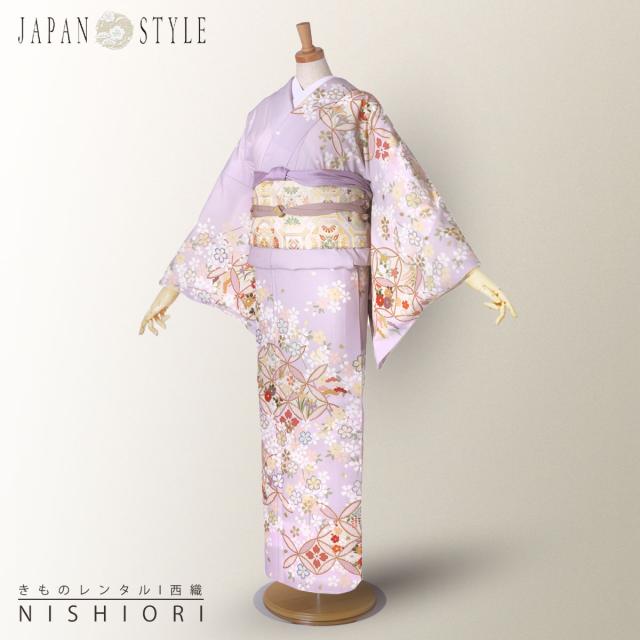 訪問着 レンタル 着物 貸衣装 フルセット JAPAN STYLE ブランド 紫 ラベンダー 七宝 桜No.0060