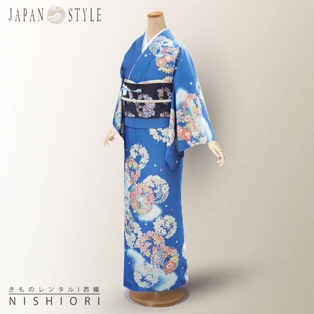 訪問着 レンタル 着物 貸衣装 フルセット JAPAN STYLE ブランド 青 水色 桜 藤 花輪No.0067