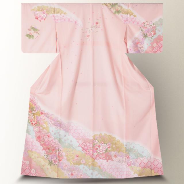 訪問着 レンタル 着物 貸衣装 フルセット ピンク 牡丹 桃色No.0076の