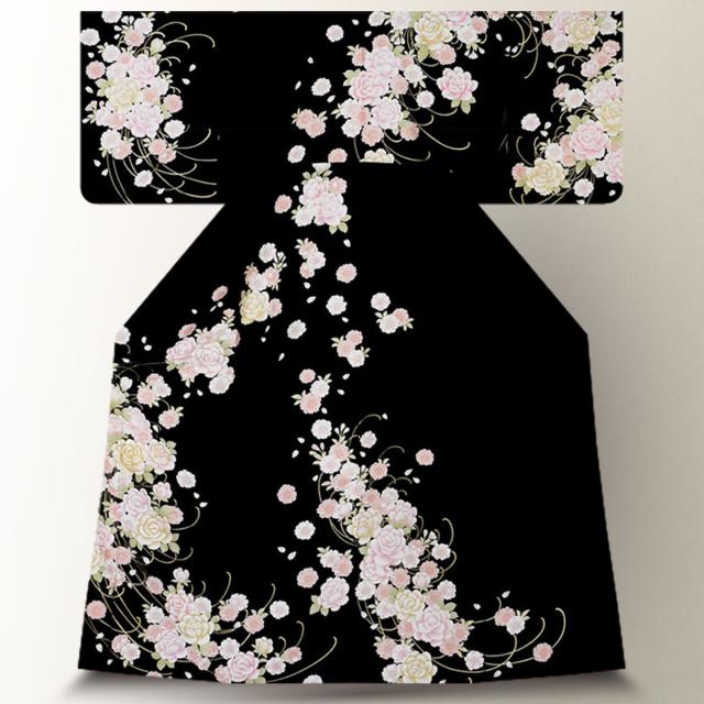 訪問着 レンタル 着物 貸衣装 フルセット 黒 ブラック 牡丹No.0078の