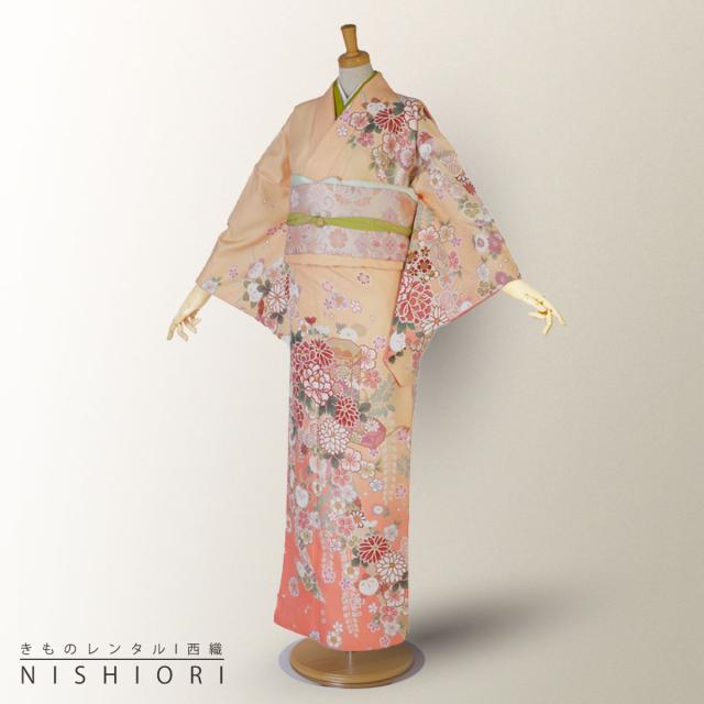 訪問着 レンタル 着物 貸衣装 フルセット HL アッシュエル黄色 オレンジ 牡丹No.0100