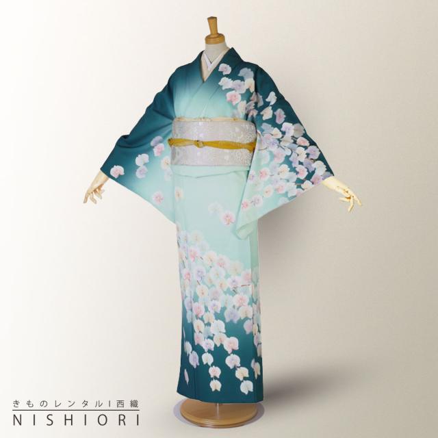 訪問着 レンタル 着物 貸衣装 フルセット 濃緑 蘭 薄緑No.0113