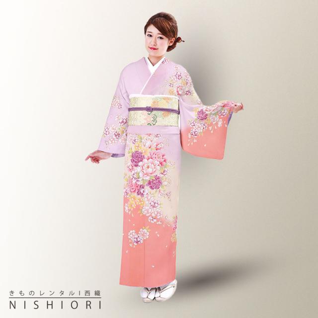訪問着 レンタル 着物 貸衣装 フルセット ピンク ラベンダー 牡丹 薔薇No.0123