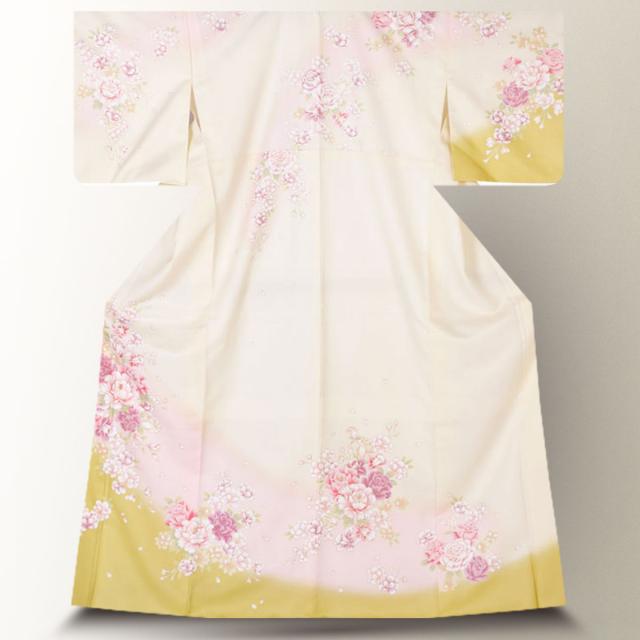 訪問着 レンタル 着物 貸衣装 フルセット クリーム 緑 牡丹 薔薇No
