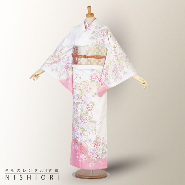 訪問着 レンタル 着物 貸衣装 フルセット 白 ピンク 牡丹 桜No.0128