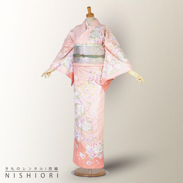 訪問着 レンタル 着物 貸衣装 フルセット 桃色 ピンク 牡丹 桜No.0129
