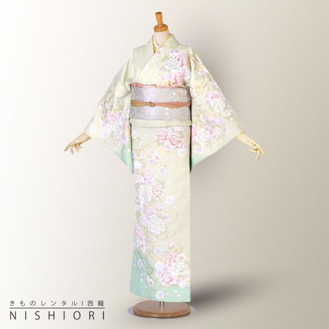 訪問着 レンタル 着物 貸衣装 フルセット 緑 グリーン 牡丹 桜No.0130