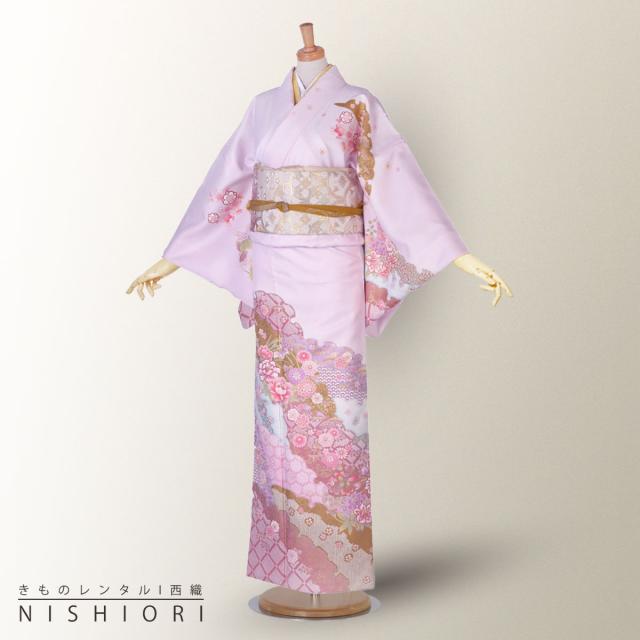 訪問着 レンタル 着物 貸衣装 フルセット 紫 ラベンダー 雲模様 牡丹No.0134