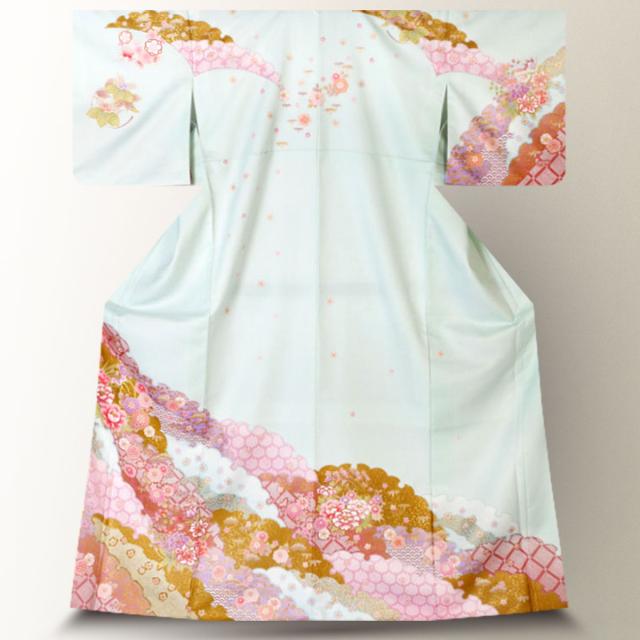 訪問着 レンタル 着物 貸衣装 フルセット 緑 ミント 雲模様 牡丹No