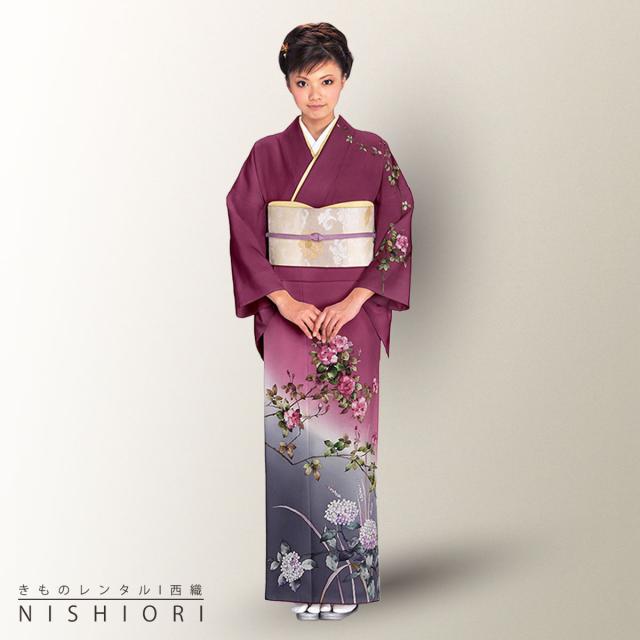 訪問着 レンタル 着物 貸衣装 フルセット えんじ 赤紫 椿No.0142
